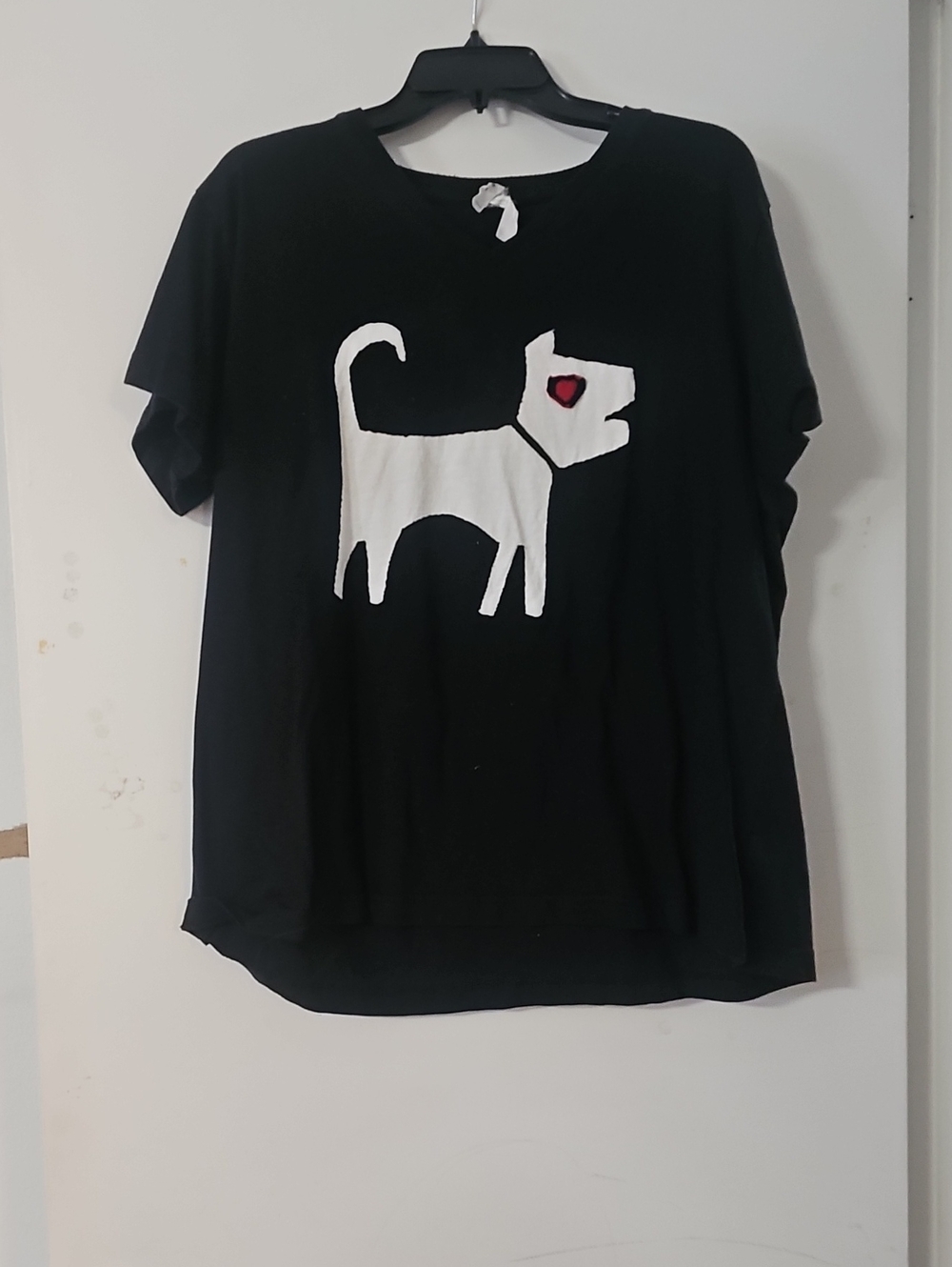 Black Dog Graphic Pet-Themed T-Shirt with White Dog and Red Heart